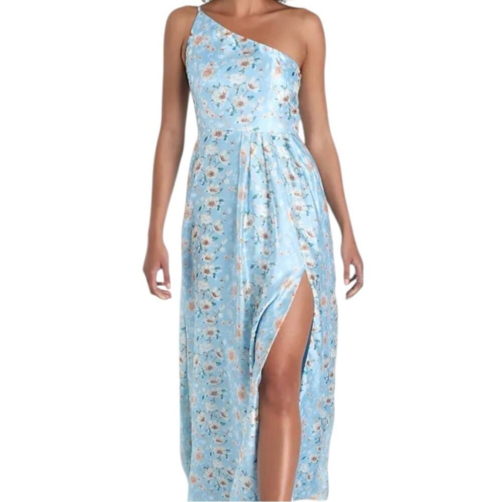 Lulus Maxi Dress L One Shoulder Bloom Into Love Blue Floral Wedding Party NEW